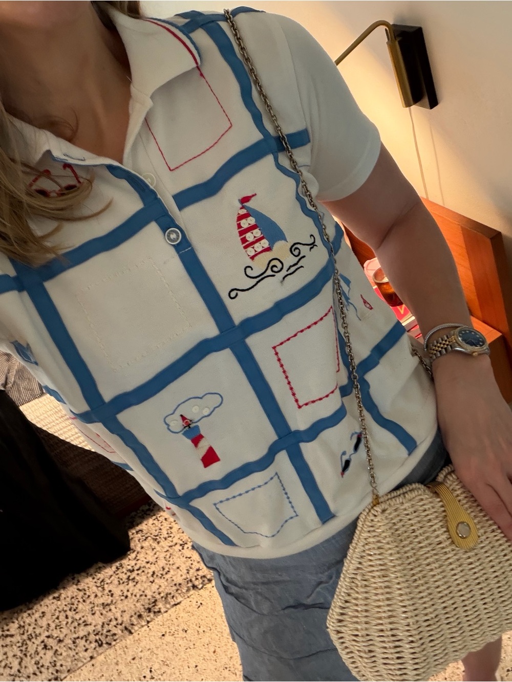 Vintage cape sailboat lighthouse nautical granny polo medium m